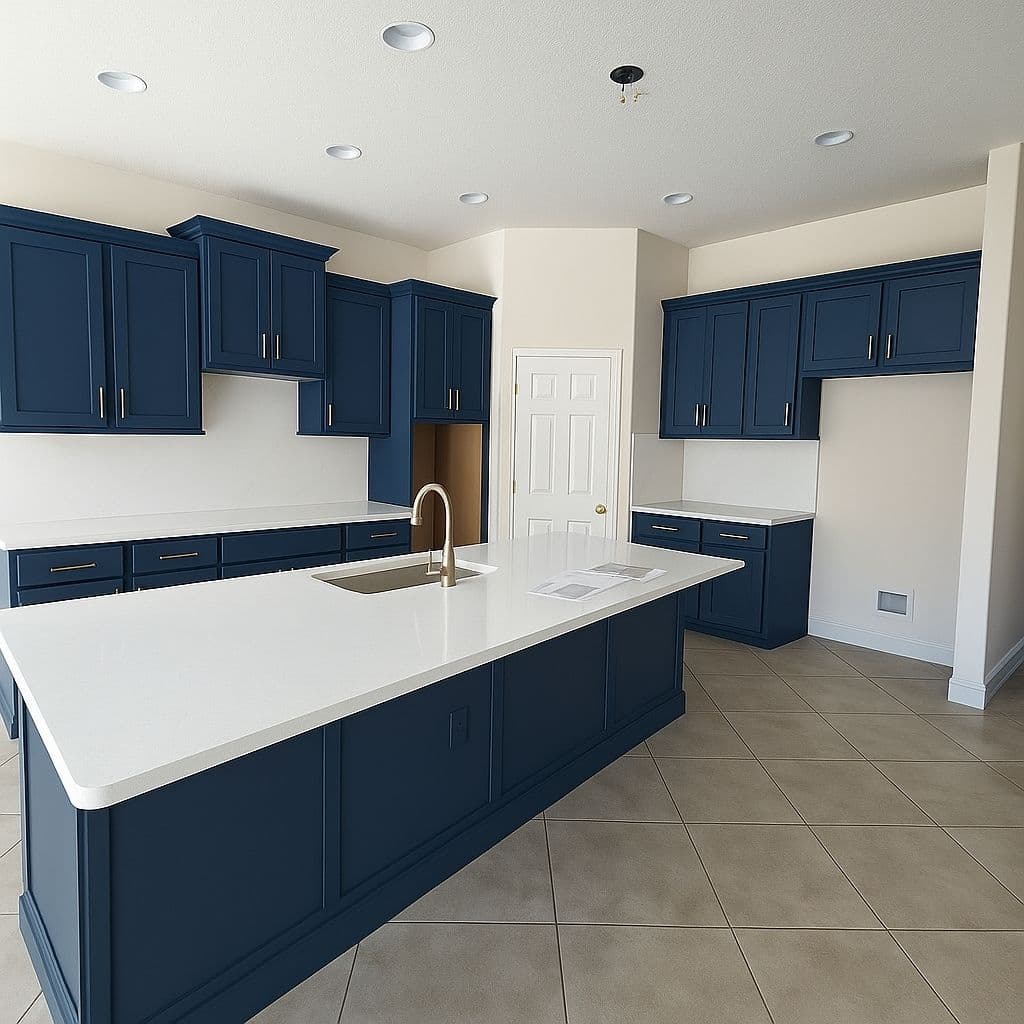 Fresh Look with Navy Cabinets and Quartz Counters